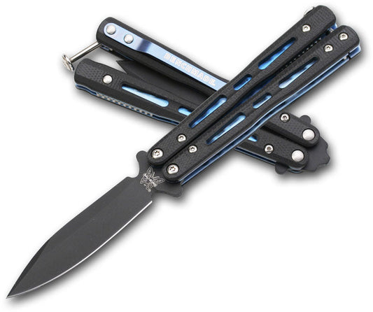 Benchmade Mini Morpho 32BK front view – 3.25″ black D2 modified spear point balisong butterfly knife, black G10