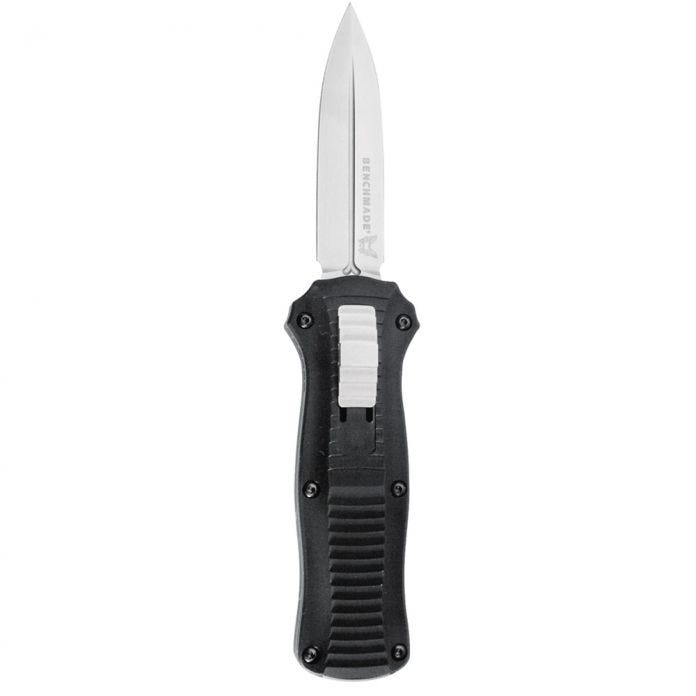 Benchmade Mini Infidel 3350 front view - 3.10 inch satin D2 double-edge spear-point dagger OTF automatic knife