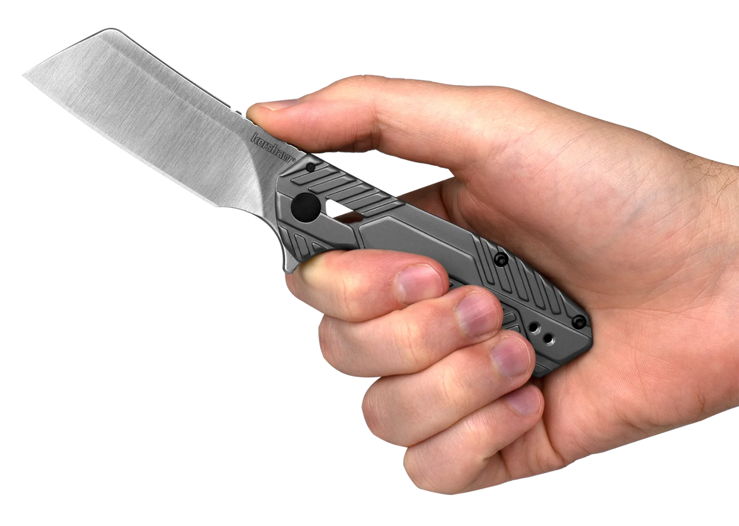 Kershaw Static 3445 Folding Knife 2.9in Cleaver Style Blade Gray Stainless Steel Handles