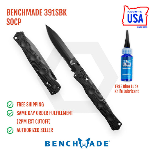 Benchmade SOCP Tactical Folder 391SBK front view - 4.47" black D2 serrated spear point folding knife