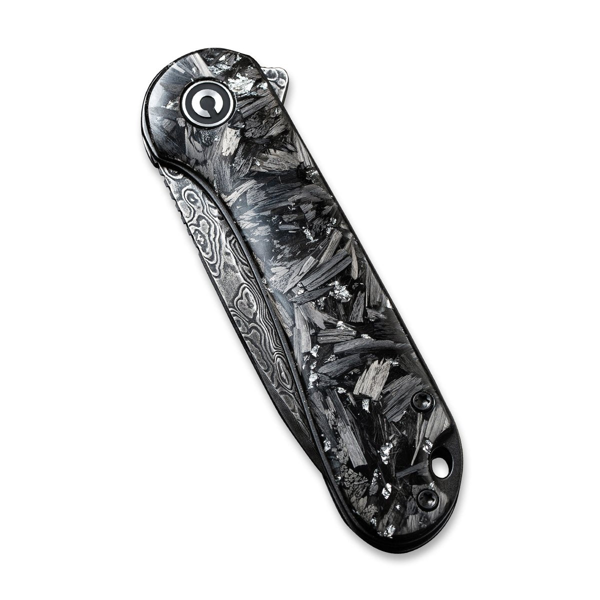 CIVIVI Elementum 907C-DS2 Folding Knife 2.96 in Black Damascus Blade Shredded Carbon Fiber And Silvery Shred Handle