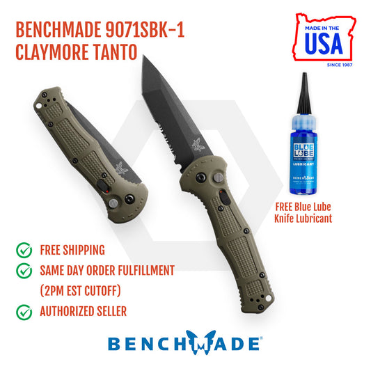 Benchmade Claymore 9071SBK-1 front view, 3.60 inch CPM-D2 cobalt black serrated tanto automatic knife Ranger Green Grivory