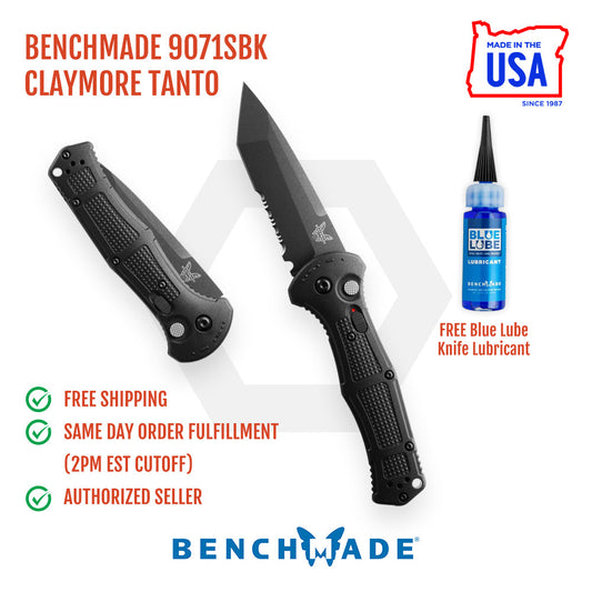 Benchmade Claymore 9071SBK front view, 3.60 inch CPM-D2 cobalt black serrated tanto automatic knife black Grivory