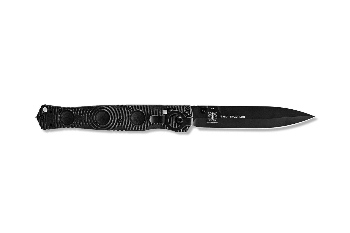 Benchmade SOCP Tactical Folder 391BK open position showing D2 spear point blade