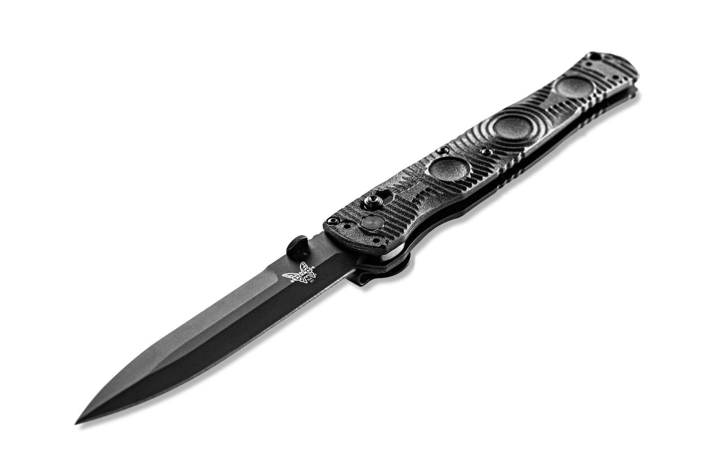 Benchmade SOCP Tactical Folder 391BK blade detail - black Cerakote D2 spear point