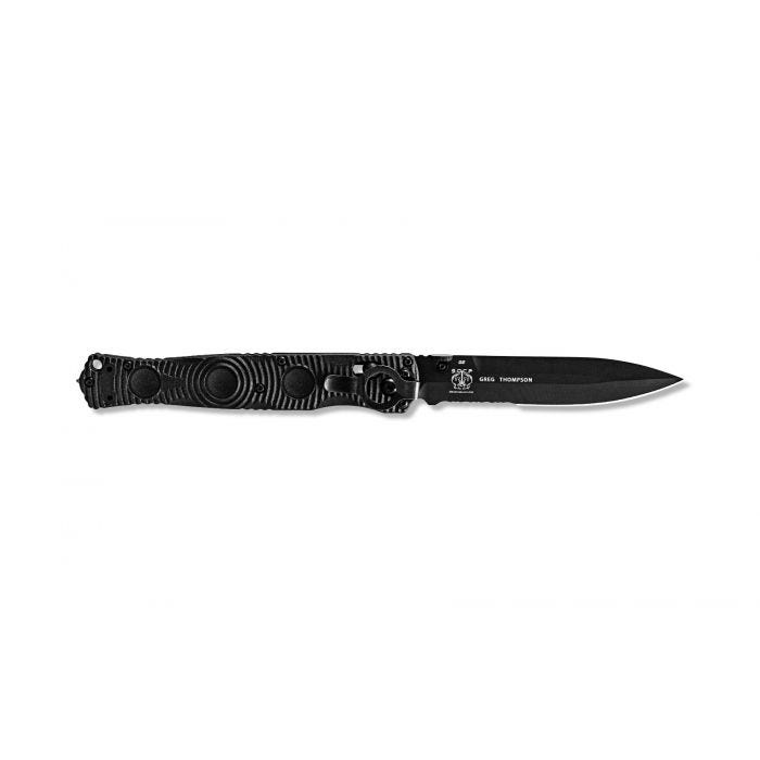 Benchmade SOCP Tactical Folder 391SBK blade detail - black Cerakote D2 partially serrated spear point