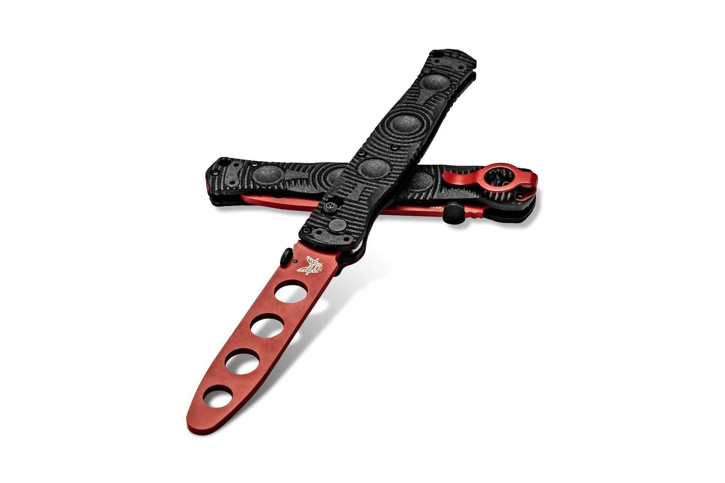 Benchmade SOCP Tactical Folder Trainer 391T open position showing red unsharpened trainer blade and black CF-Elite handle
