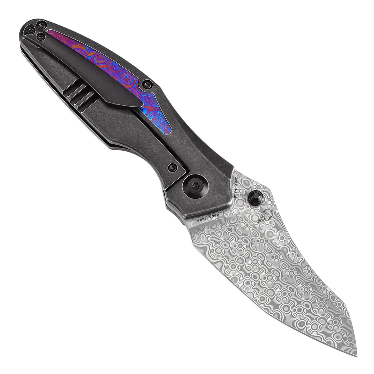 Kansept Baba Yaga 3.06" Damascus Blackwash Titanium + Timascus Inlay + Timascus Clip Blue K1074A8