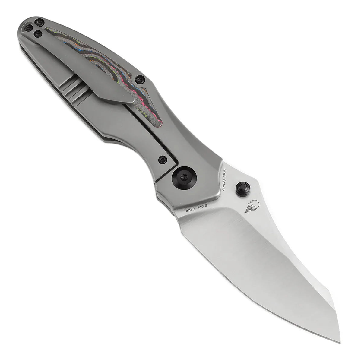 Kansept Baba Yaga 3.06" CPM 20CV Bead Blasted Titanium + 80S Camo Carbon Inlay Yellow, Blue K1074A4