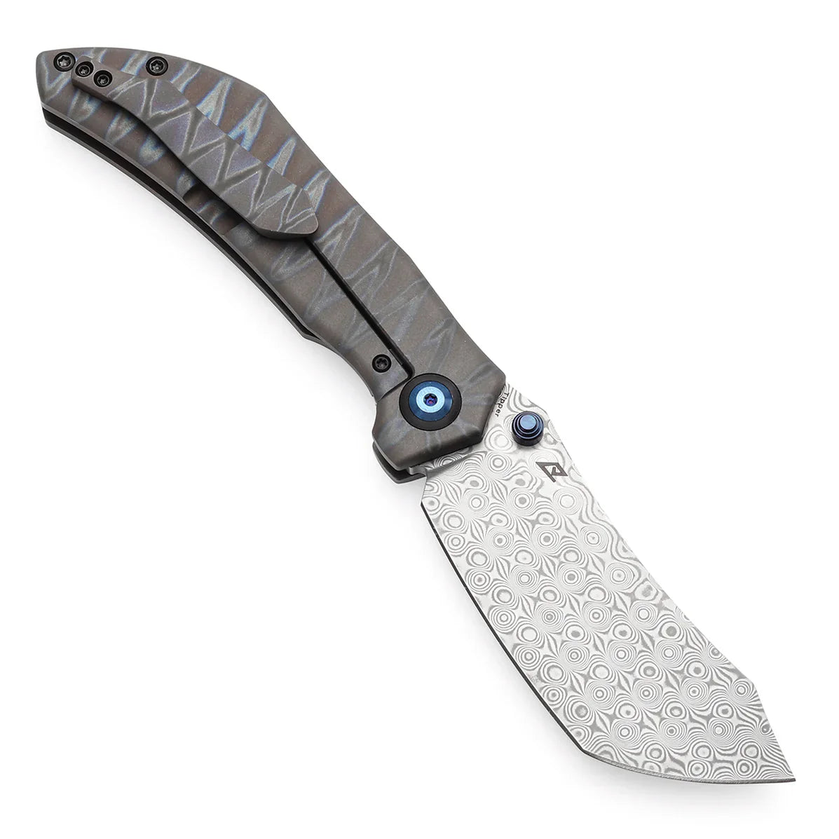 Kansept Tipper 3.38" Damascus Titanium with Tiger Stripe Finish Grey K1079A4
