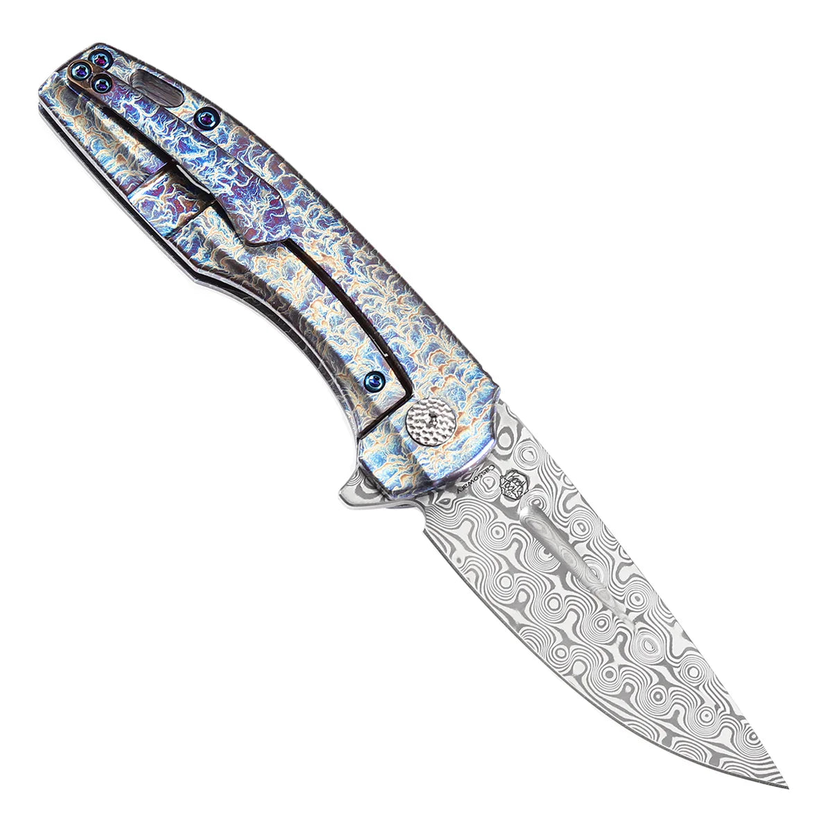 Kansept Cassowary 2.9" Damascus Titanium with Lightning Strike Finish Grey Blue K2065A3
