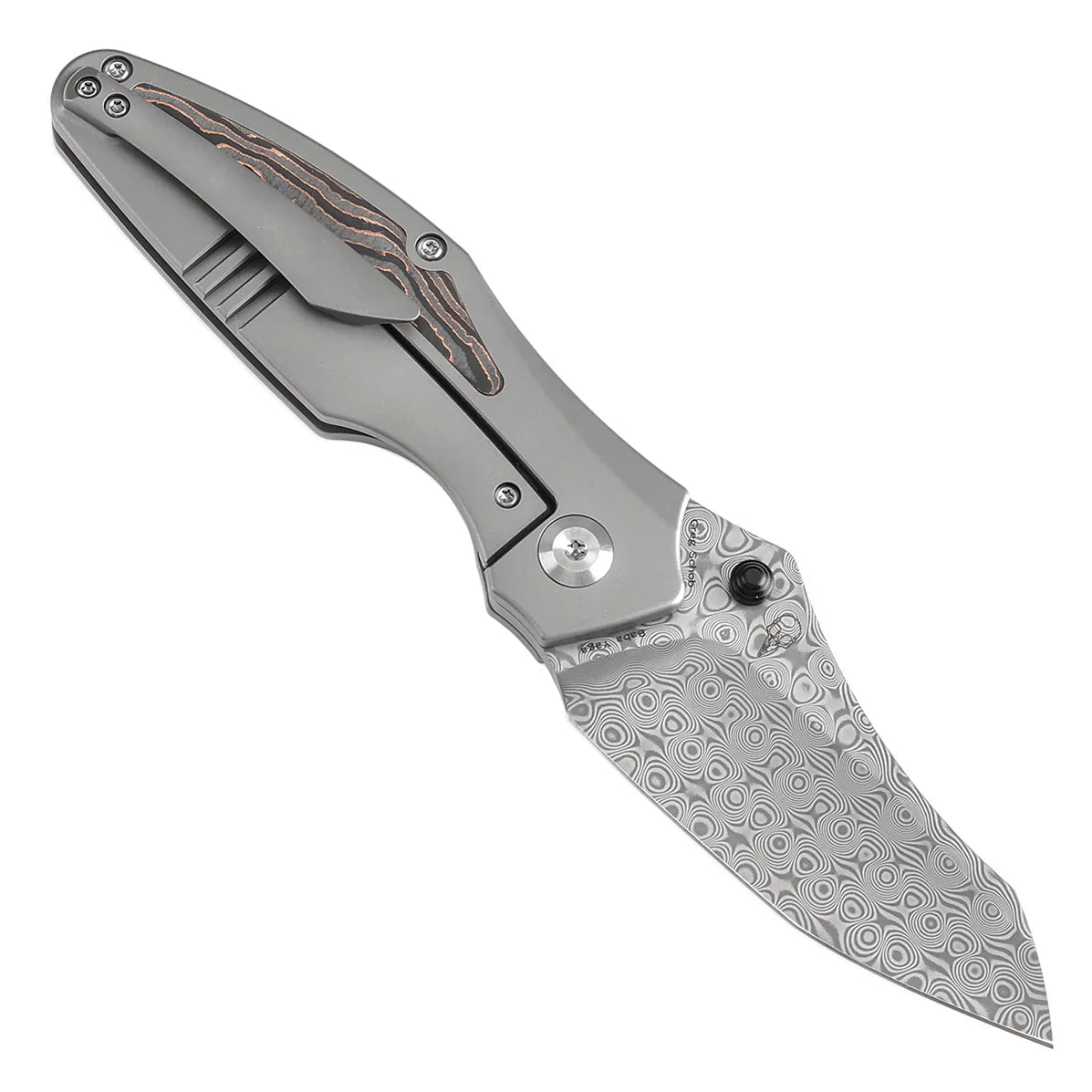 Kansept Baba Yaga 3.06" Damascus Bead Blasted Titanium + Copper Carbon Fiber Inlay Yellow, Blue K1074C2