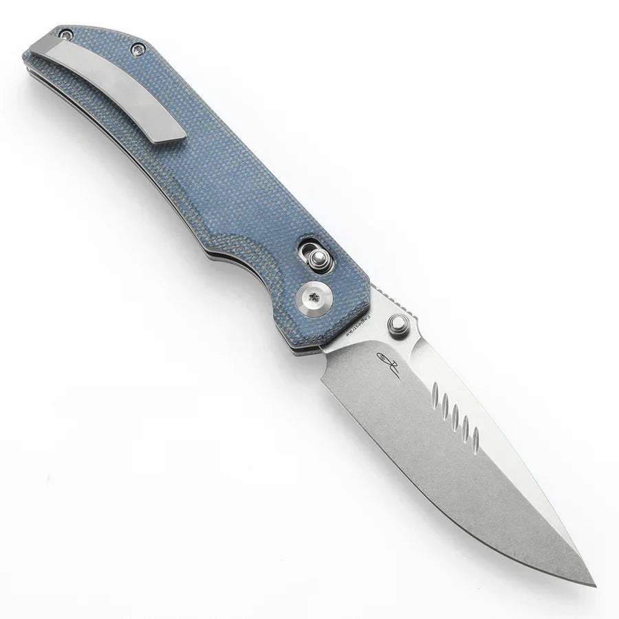 Tenable Eaglestrike T1095V2 – 3.73" Stonewashed Nitro-V Drop Point Blade, Blue Micarta Handle with Crossbar Lock