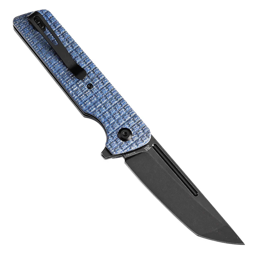 Tenable Anomaly T2038T3 – 3.14" Blackwash Nitro-V Tanto Blade, Blue Micarta Handle with Frag Pattern and Liner Lock
