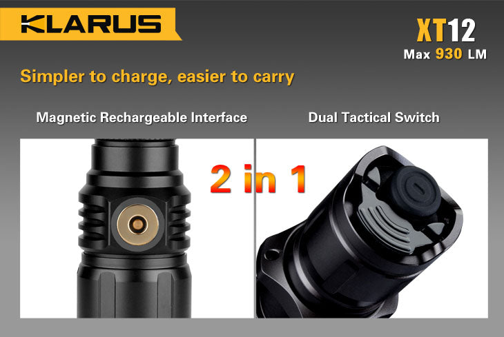 Klarus XT12 1 x 18650 / 2 x CR123A CREE XM-L2 U2 930 Lumen LED Flashlight