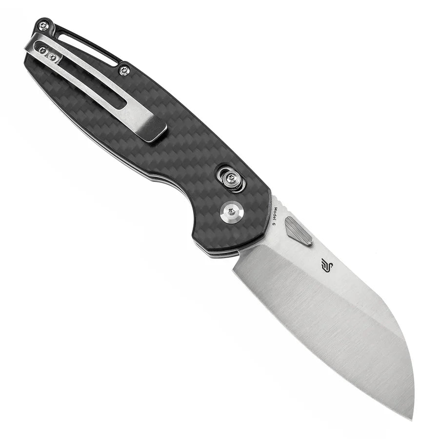 Tenable Model 6 T1022V1 – 3.1" Satin 14C28N Blade, Twill Carbon Fiber Handle with Crossbar Lock
