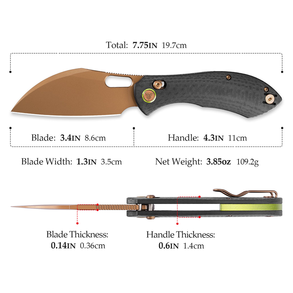 Black and bronze lock knife with textured handle and sheepfoot blade in hand