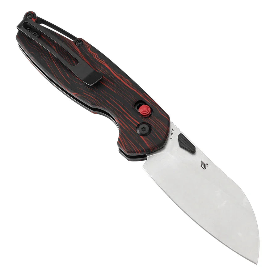 Tenable Model 6 T1022V8 – 3.1" Stonewashed 14C28N Sheepsfoot Blade, Red & Black G-mascus Handle, Crossbar Lock – Designed by Nick Swan