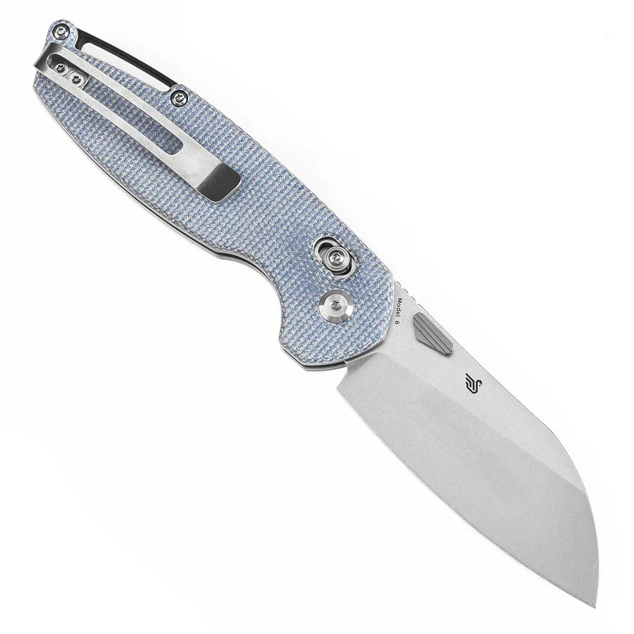 Tenable Model 6 T1022V6 – 3.1" Stonewashed 14C28N Blade, Blue Micarta Handle with Crossbar Lock