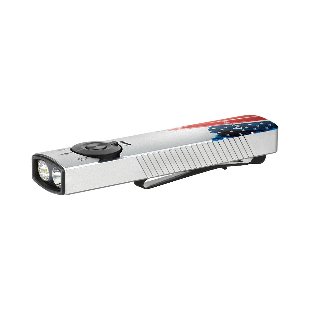 Olight Arkfeld Pro Flat EDC Flashlight – Stars & Stripes Edition | 1,300 Lm White + UV + Green Laser