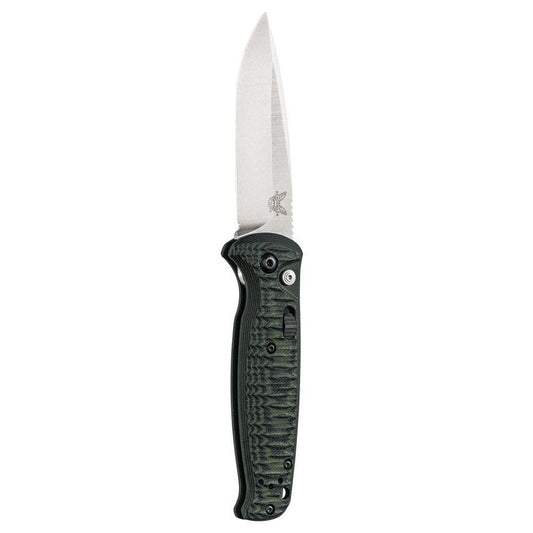 Benchmade 4300-1 CLA front view – 3.40" satin 154CM drop point push-button automatic knife, green and black G10