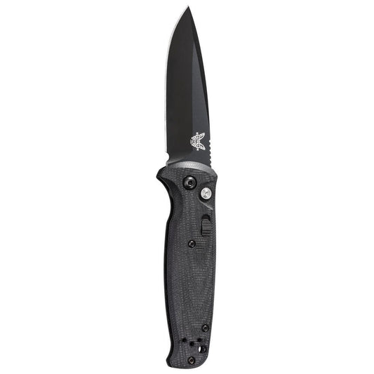 Benchmade 4300BK CLA front view – 3.40" black 154CM drop point automatic folding knife, black G10 handle