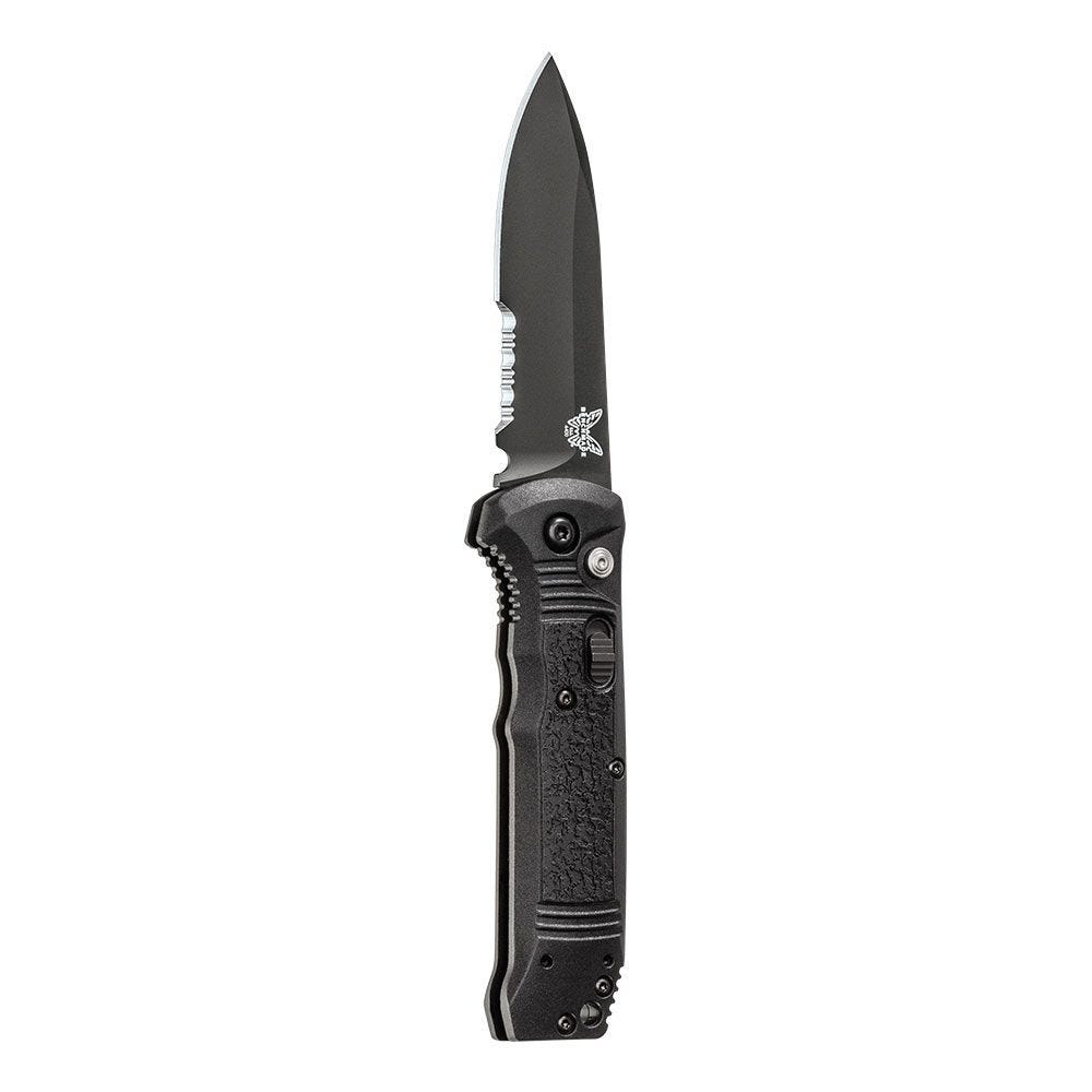 Benchmade 4400SBK Casbah front view – 3.40" black CPM-S30V combo edge drop point push-button automatic knife, black Grivory handle