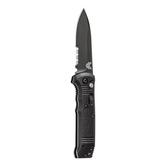 Benchmade 4400SBK Casbah front view – 3.40" black CPM-S30V combo edge drop point push-button automatic knife, black Grivory handle