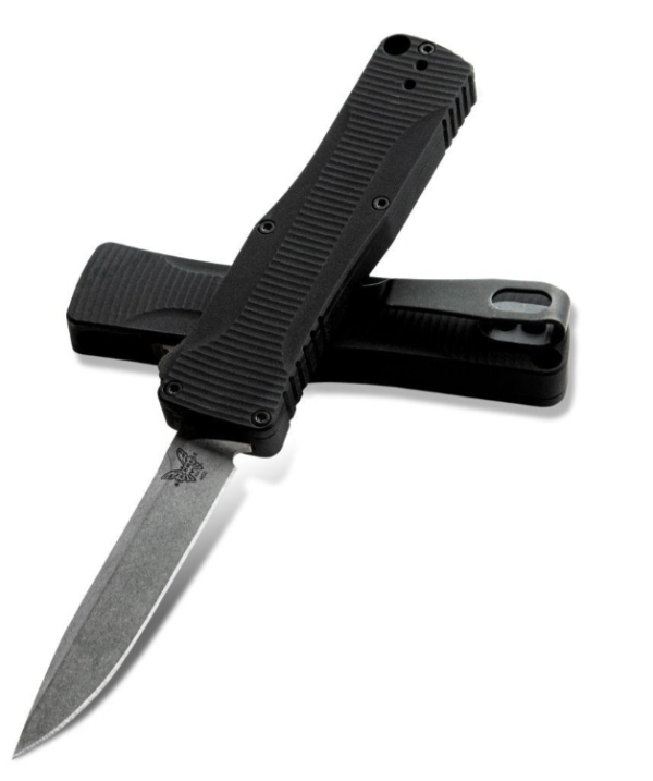Benchmade OM 4850 micro OTF automatic knife - 2.47" satin CPM-S30V clip point, black aluminum handle