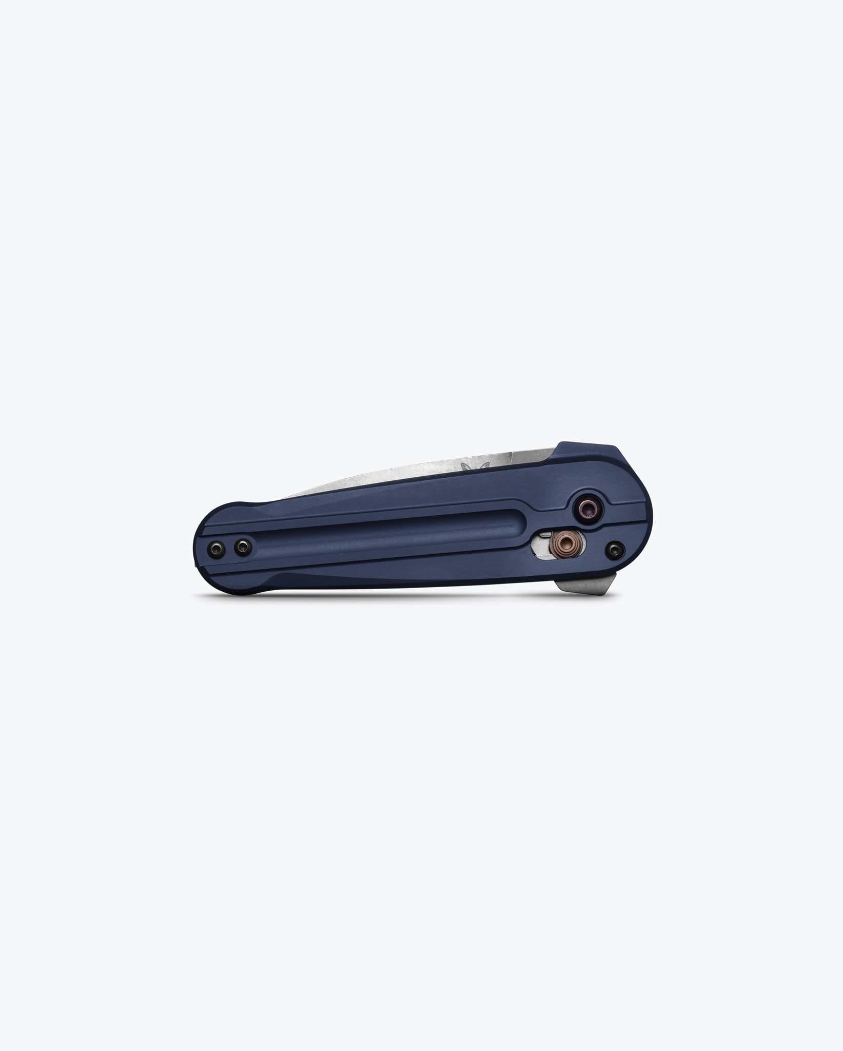 Benchmade Lowden 491 closed view – Crater Blue aluminum handle
