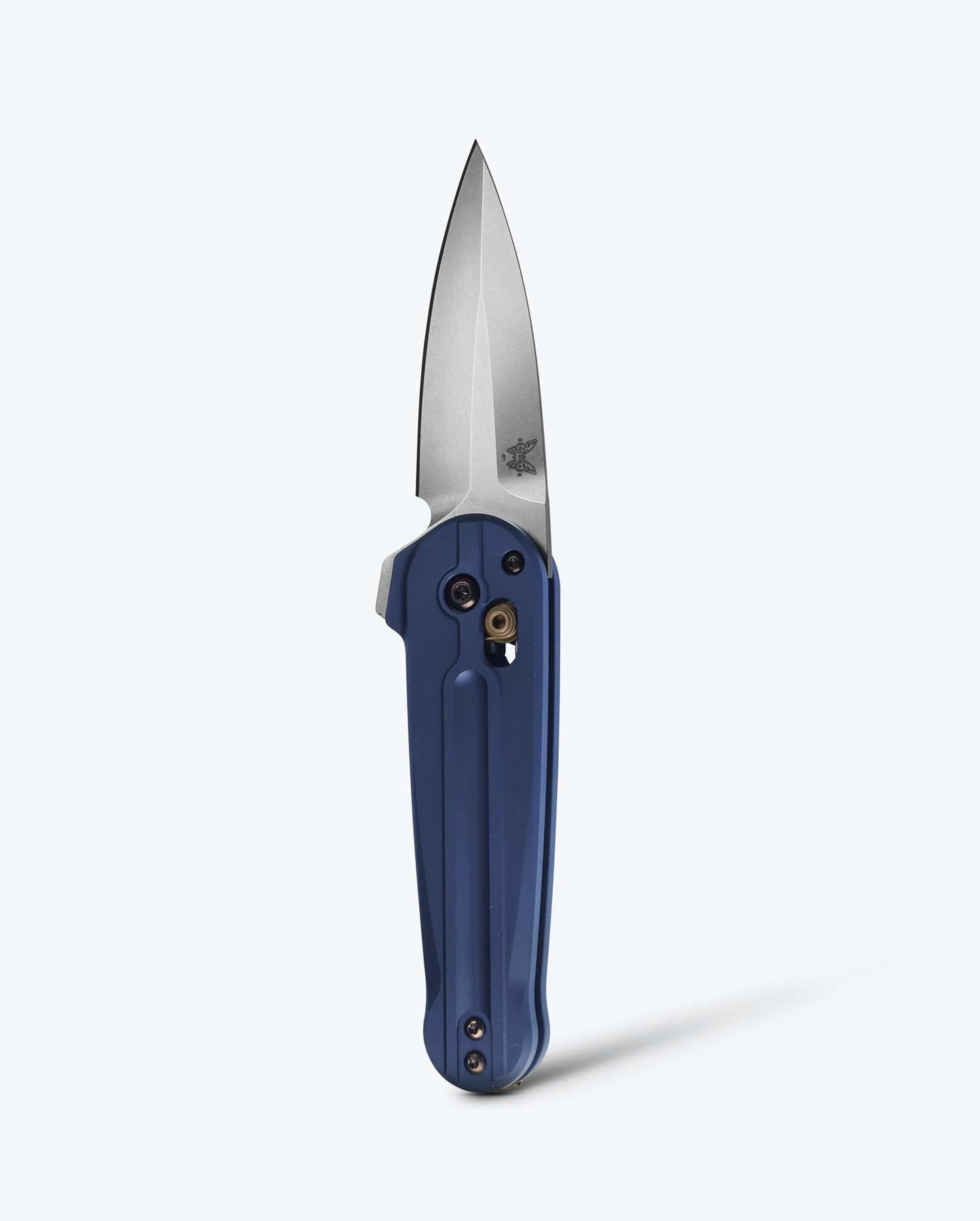 Benchmade Lowden 491 front view – 2.96″ M390 spear point AXIS flipper folding knife, Crater Blue aluminum