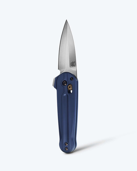 Benchmade Lowden 491 front view – 2.96″ M390 spear point AXIS flipper folding knife, Crater Blue aluminum