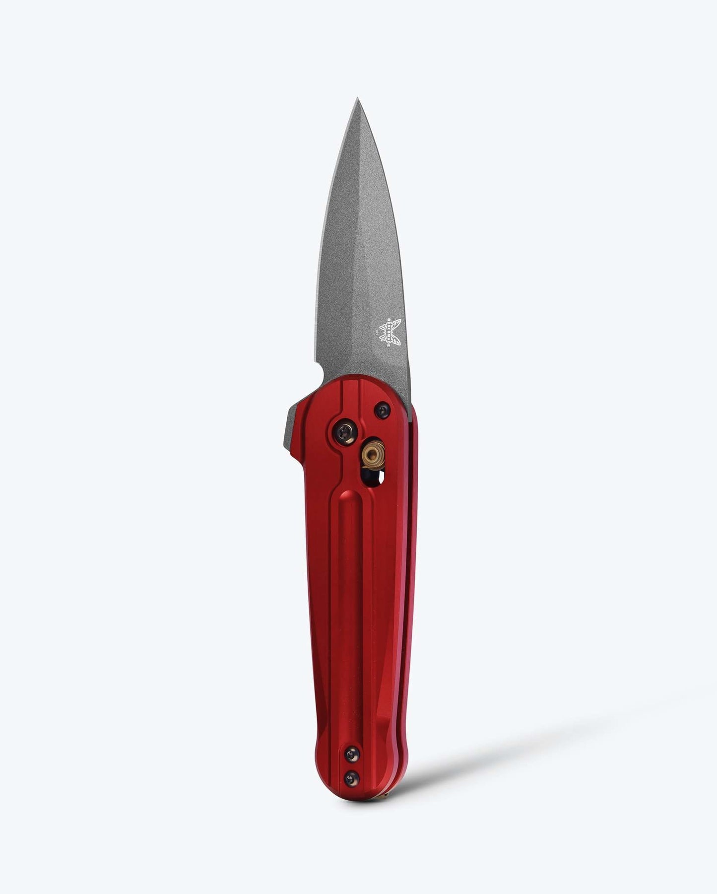 Benchmade Lowden 491GY-01 front view – 2.96″ M390 spear point AXIS flipper folding knife, Phoenix Red aluminum