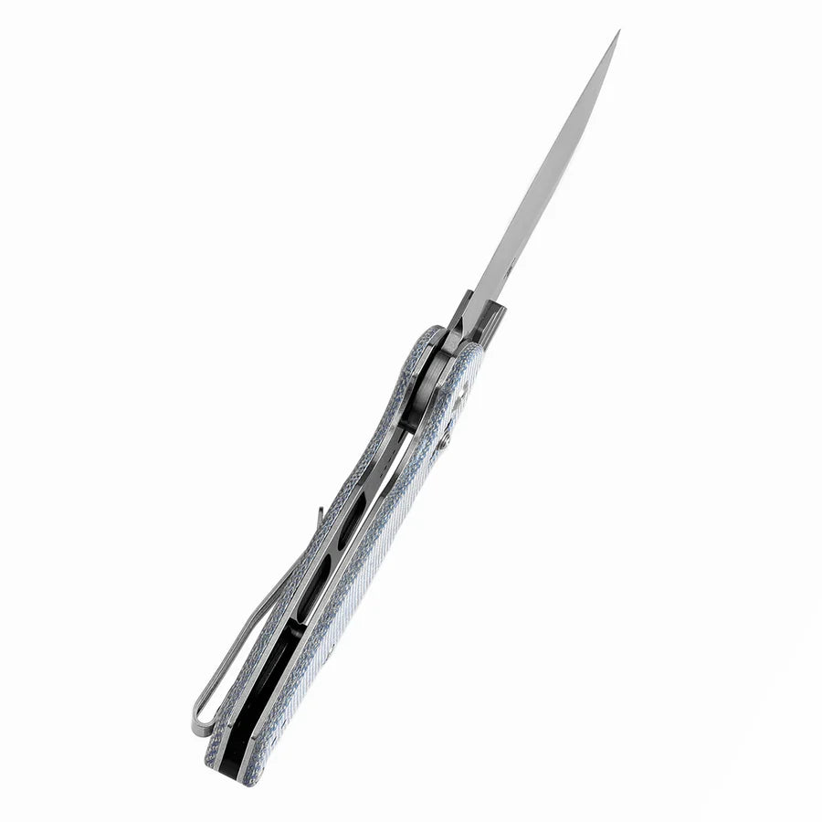 Tenable Model 6 T1022V6 – 3.1" Stonewashed 14C28N Blade, Blue Micarta Handle with Crossbar Lock