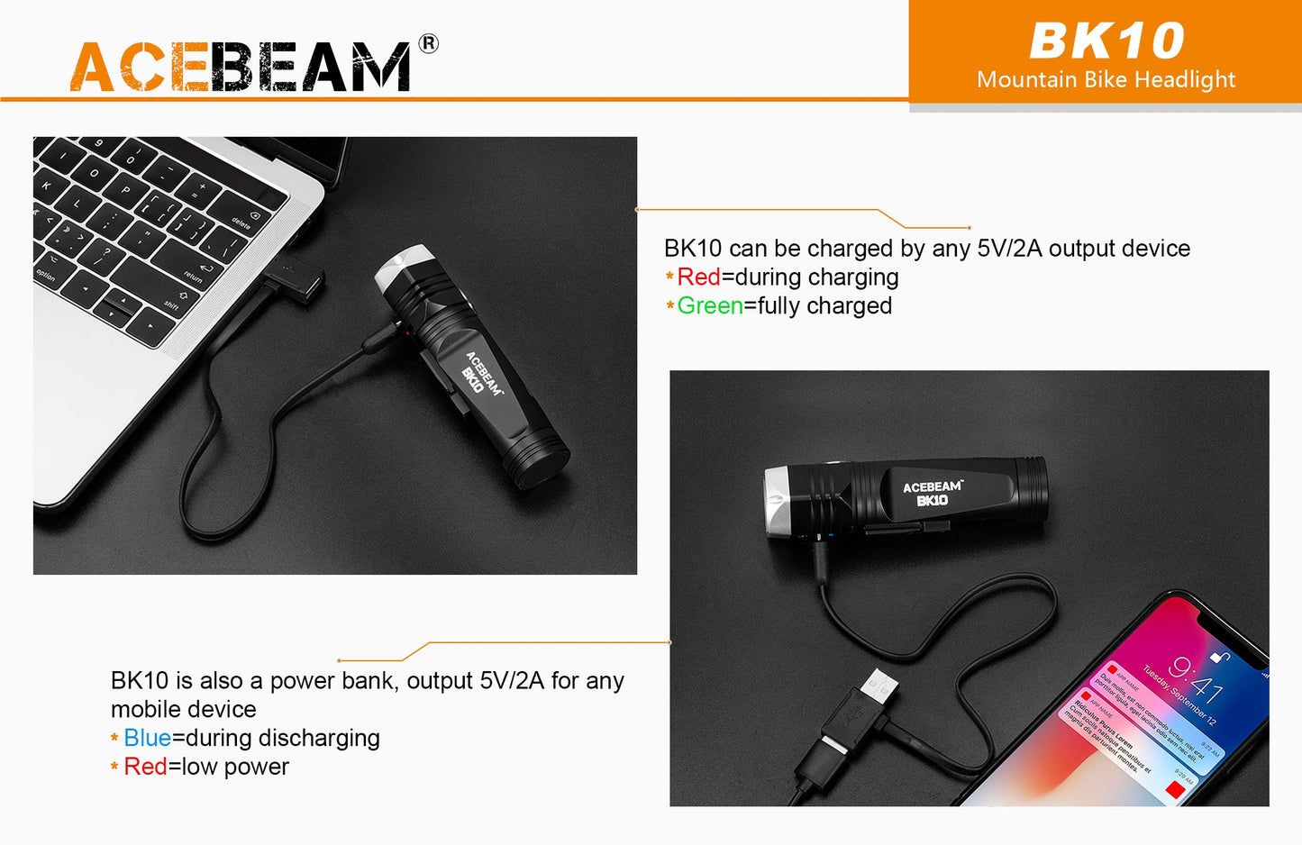 Acebeam BK10 2,000 Lumen Wide Angle Micro-USB Rechargeable Bicycle Light 1 x 21700 Battery