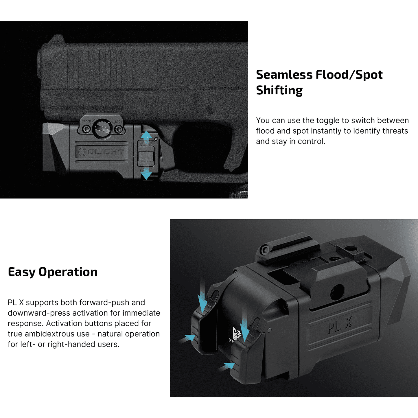 Olight PL-X seamless flood and spot beam shifting with ambidextrous controls