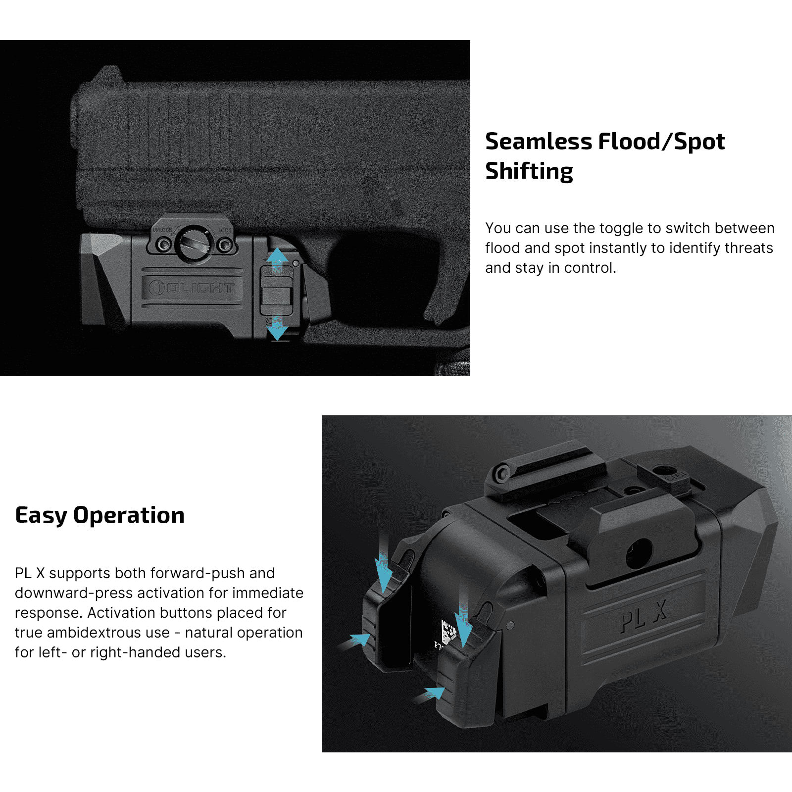 Olight PL-X seamless flood and spot beam shifting with ambidextrous controls