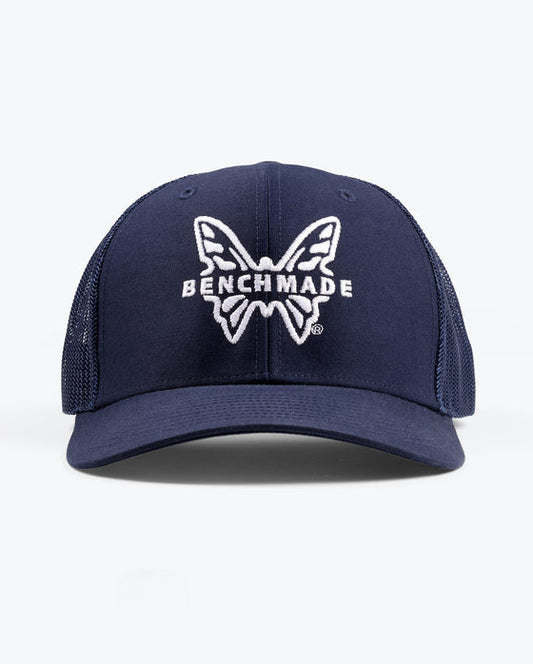 Benchmade Classic Richardson 112 Hat (112-NavyBlue) – white Butterfly logo trucker cap, official Benchmade photo