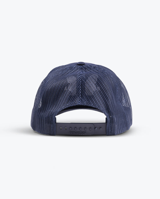 Benchmade Classic Richardson 112 Hat (112-NavyBlue) – detail view, pre-curved visor and mesh back