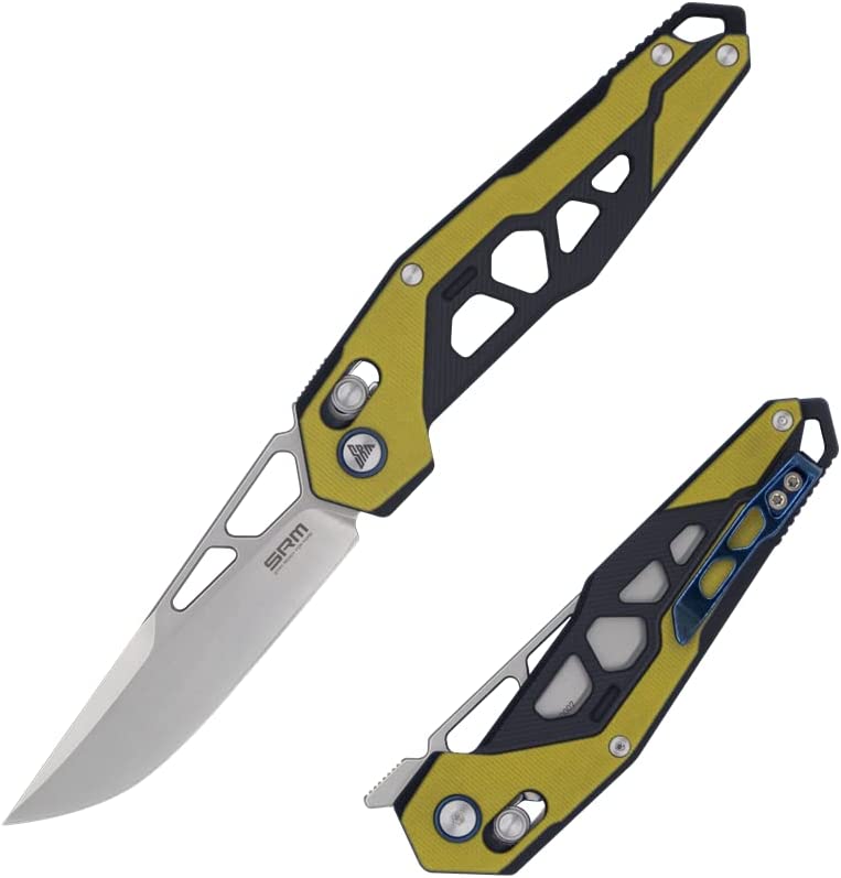 SRM Mecha 9225 Yellow Front Flipper Folding Knife 3.27in D2 Steel Blade G10 Handles