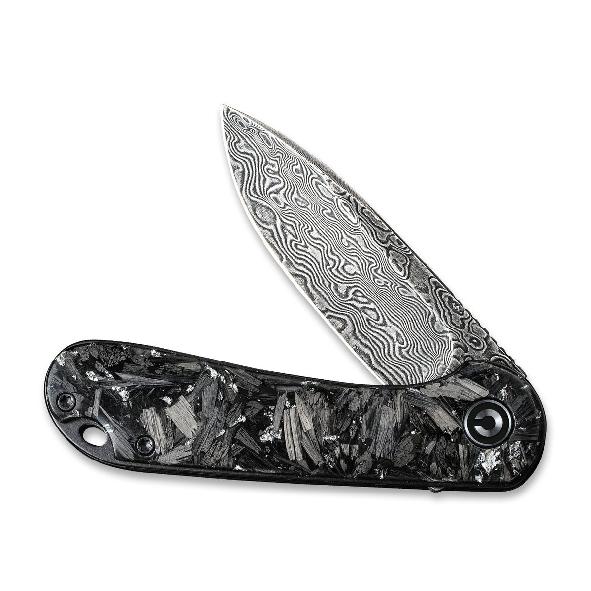CIVIVI Elementum 907C-DS2 Folding Knife 2.96 in Black Damascus Blade Shredded Carbon Fiber And Silvery Shred Handle