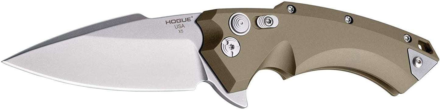 Hogue X5 34574 Button Lock Folding Knife 3.5in CPM 154 Steel Blade Flat Earth Aluminum Handles