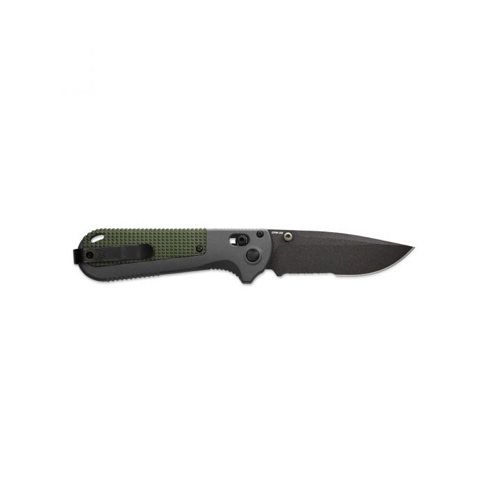 Benchmade Redoubt 430SBK open position showing CPM-D2 serrated drop point blade