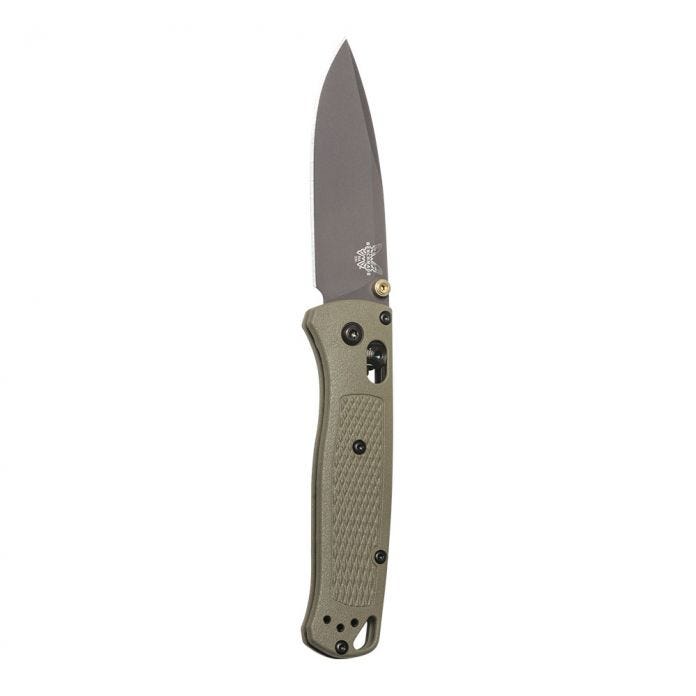 Benchmade Bugout 535GRY-1 open position – smoked gray CPM-S30V drop point blade, Ranger Green Grivory handle