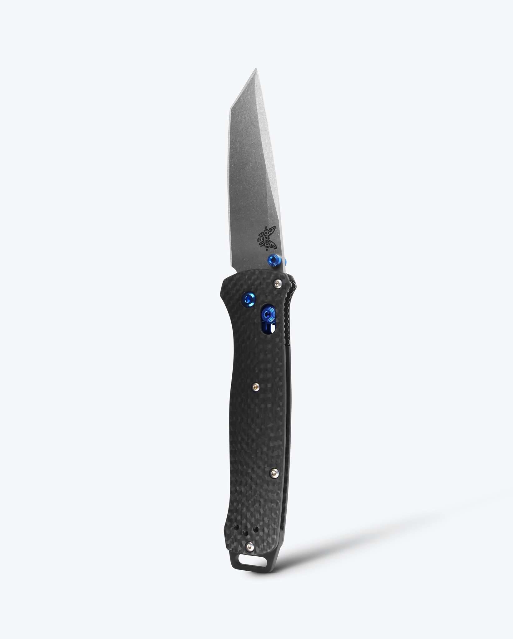 Benchmade Bailout 537-09 front view, 3.38 inch M390 stonewash tanto carbon fiber folding knife