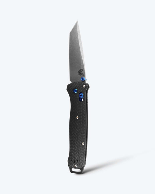 Benchmade Bailout 537-09 front view, 3.38 inch M390 stonewash tanto carbon fiber folding knife