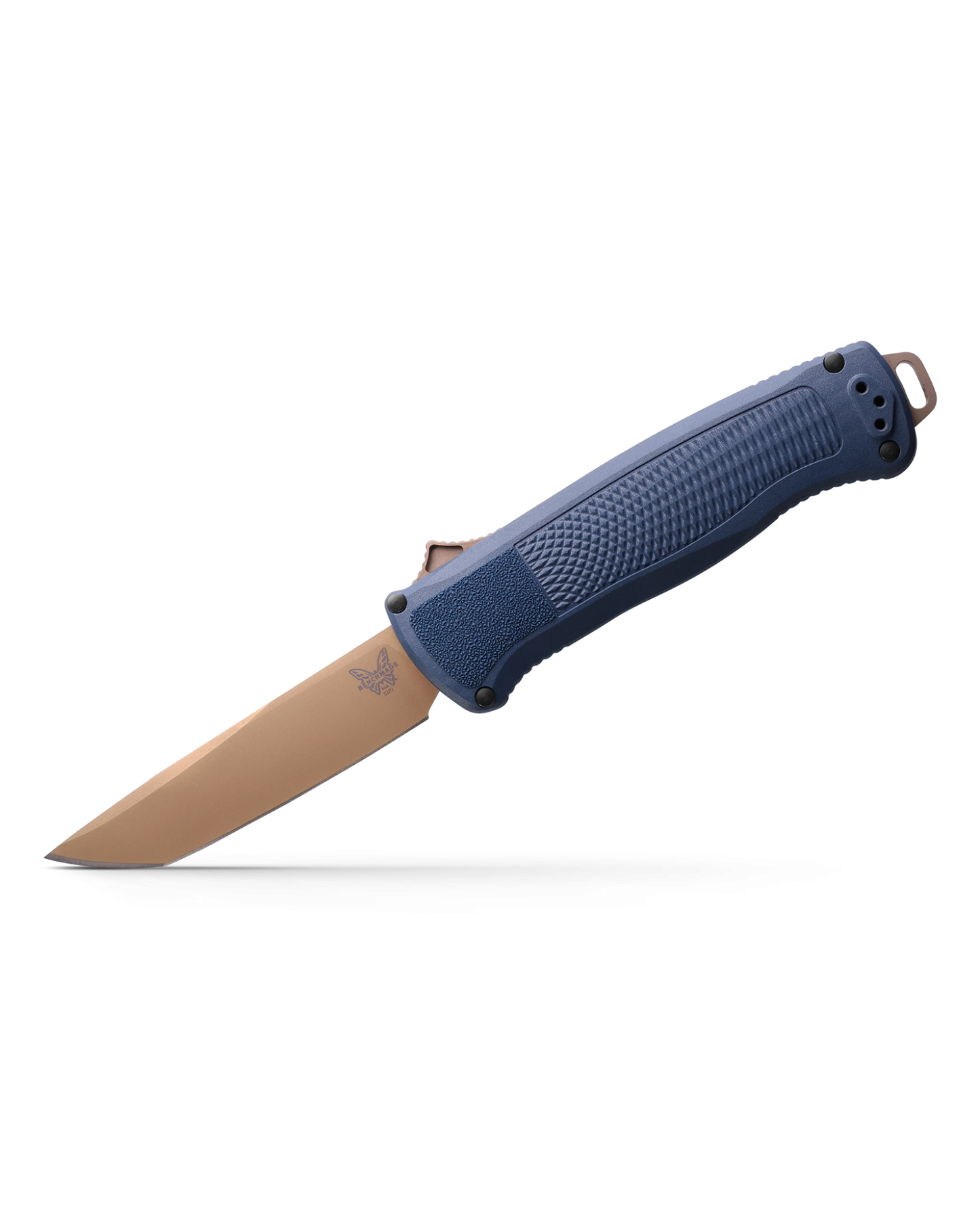 Benchmade Shootout 5370FE-01 front view, 3.51 inch CPM-CruWear FDE tanto OTF automatic Crater Blue knife