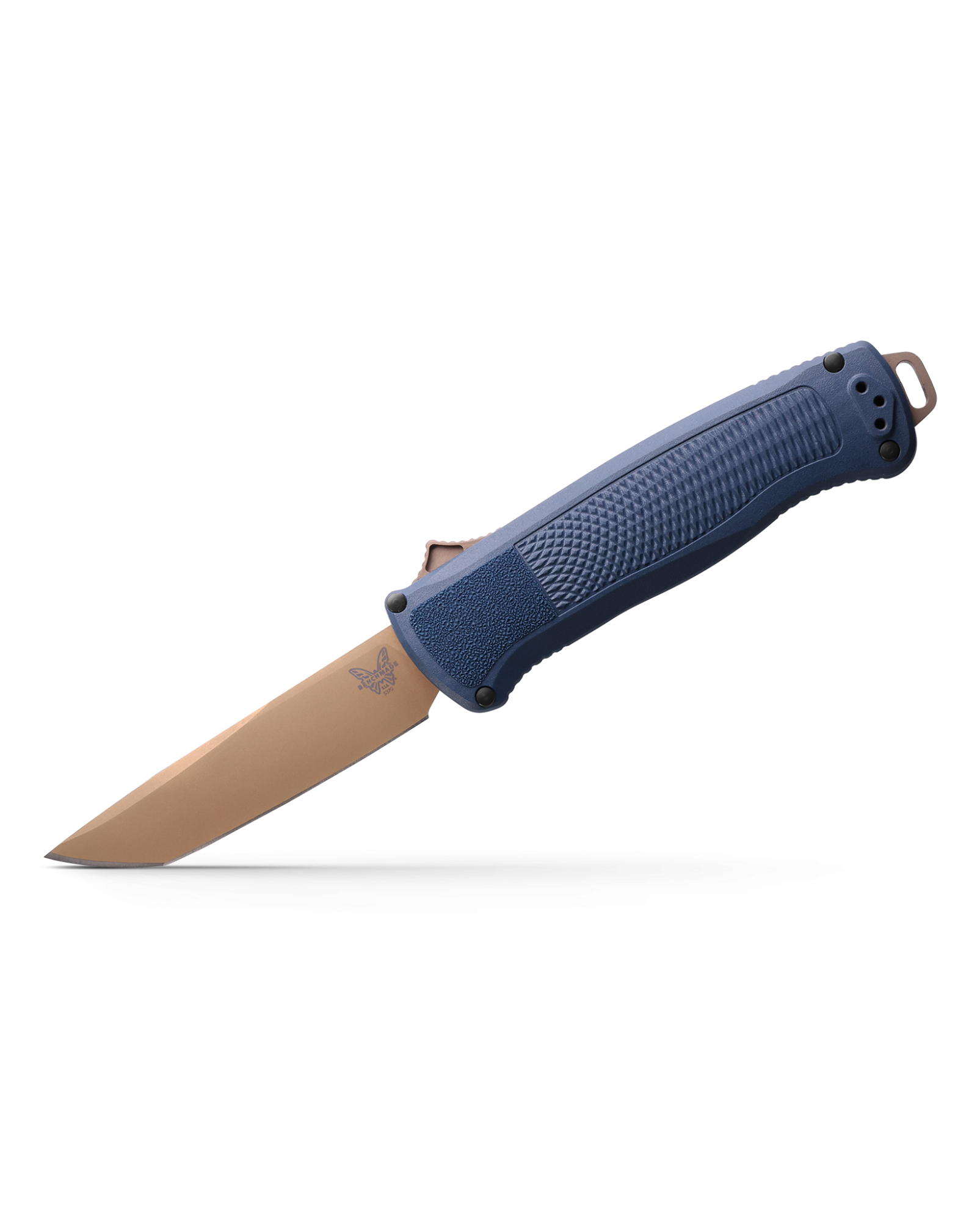 Benchmade Shootout 5370FE-01 front view, 3.51 inch CPM-CruWear FDE tanto OTF automatic Crater Blue knife