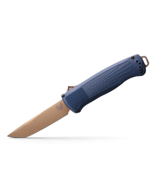 Benchmade Shootout 5370FE-01 front view, 3.51 inch CPM-CruWear FDE tanto OTF automatic Crater Blue knife