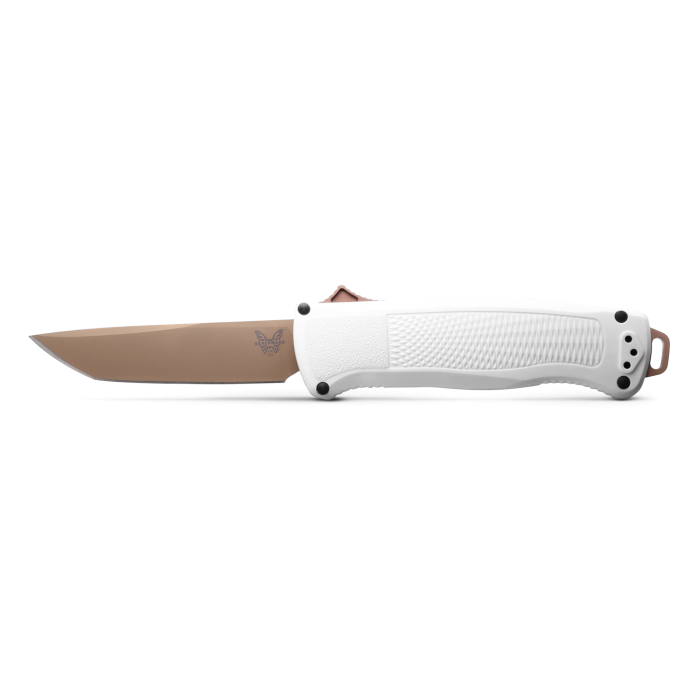 Benchmade Shootout 5370FE-02 front view, 3.51 inch CPM-CruWear FDE tanto OTF automatic Cool Gray knife